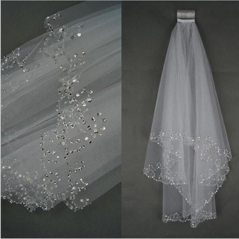 

White Ivory Woman Bridal Veils Wedding Veils 2 Layers 75 CM Handmade Sequins Beaded Edge With Comb Accessories 2026 queen bridal слоновая кость