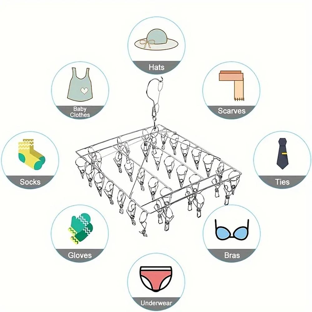 Wäscheständer aus Edelstahl mit Klammern - Platzsparende Aufbewahrung, Winddichtes Schlossdesign, Langlebiger Kleider- und Sockenbügel -