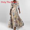 Elegant V Neck Print Pleated Long Dress For Women With Polyester Fabric And Office Style