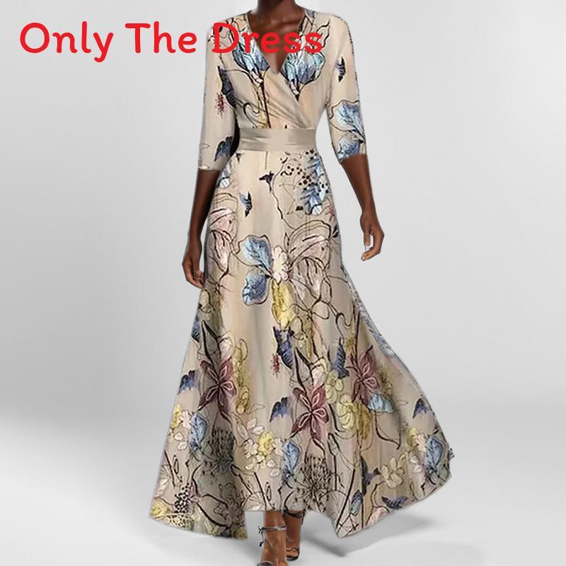 Elegant V Neck Print Pleated Long Dress For Women With Polyester Fabric And Office Style