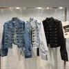Top Autunnali di Moda Classica Fibbia a Costola in Metallo Stile Coreano Design di Alta Gamma Spalline Giacca Corta in Denim Lavato