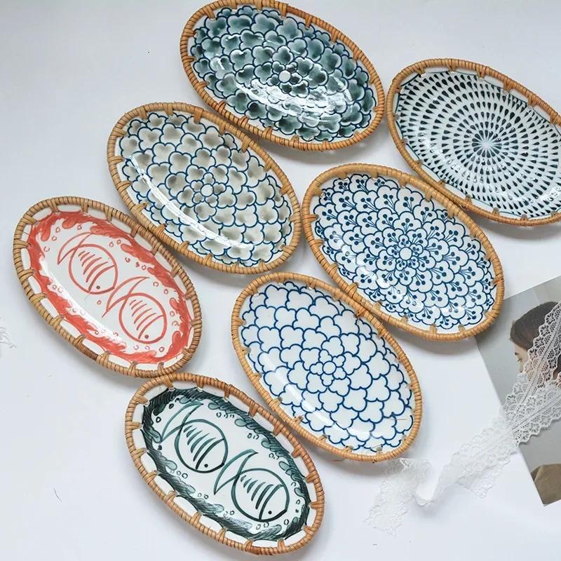 Nytt japansk servise Rattanvevd fruktskål Tørket fruktfat Kake Godteri Snacks Keramisk kurv Spesialtallerkener Spesialtallerkener