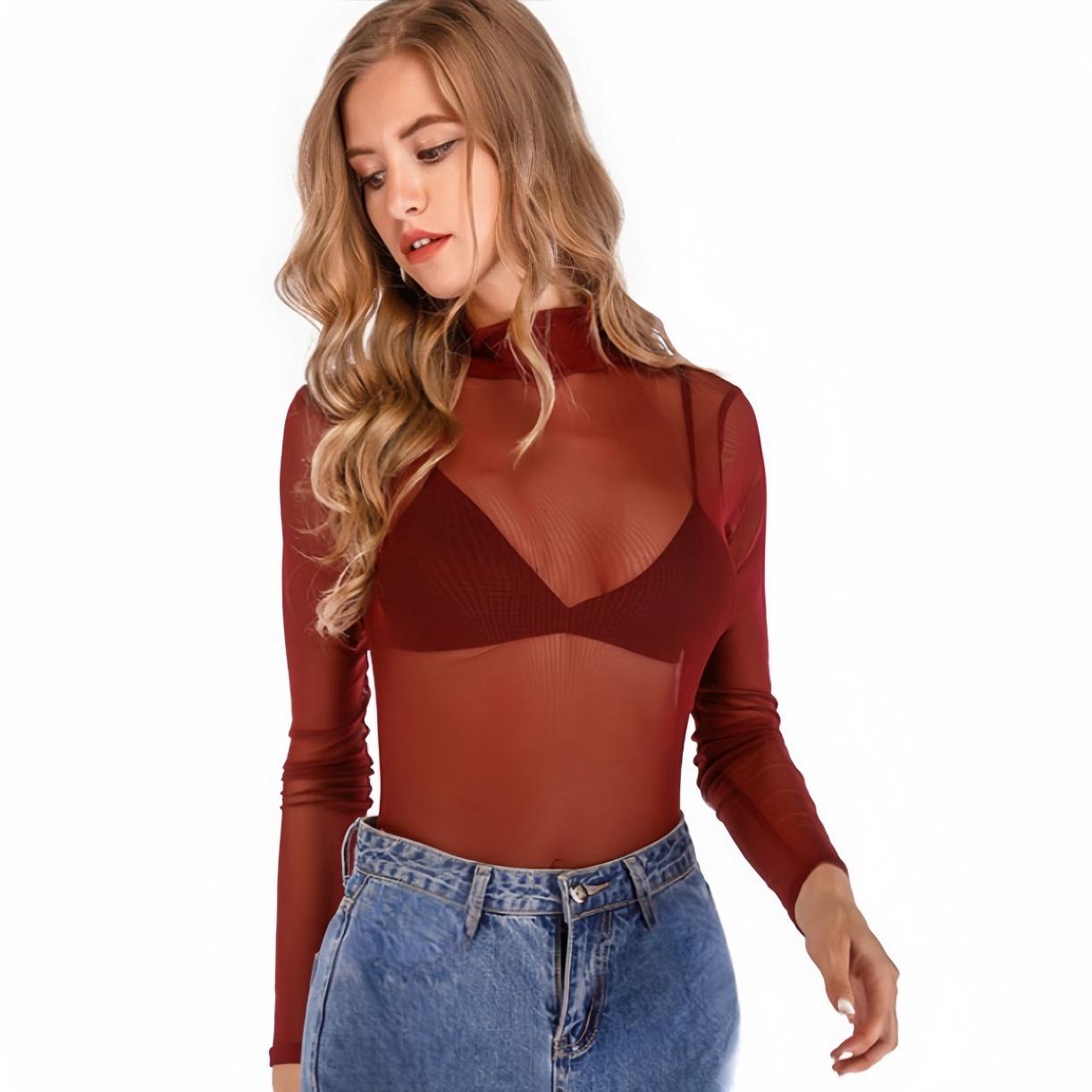 Grande Taille Manches Longues Noir Transparent Sexy Ouverture à l'Entrejambe Combinaisons Bodys Tops Pour Femmes Fête à la Plage Boîte de Nuit Streetwear Été XXXL brown