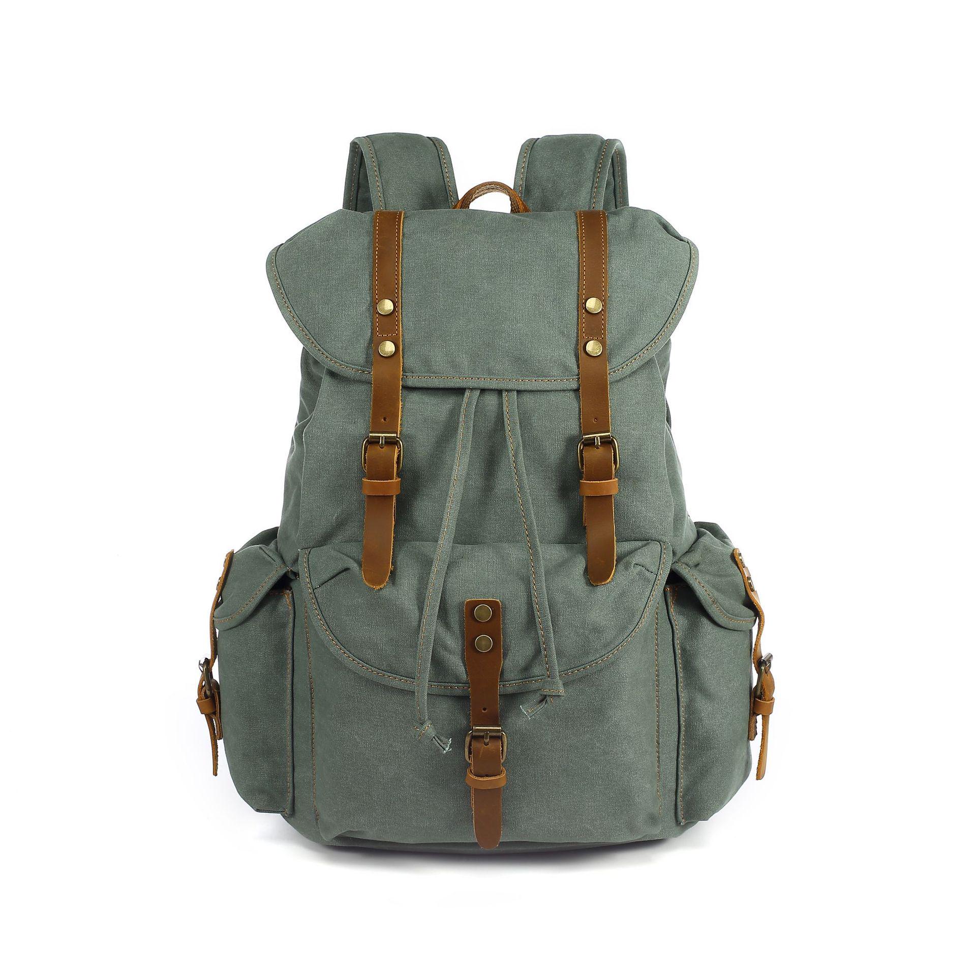 

Винтажный рюкзак из выстиранной парусины с отделкой из коровьей кожи для занятий спортом на открытом воздухе 45cm Height, 32cm Width, 19cm Depth озеро зеленый