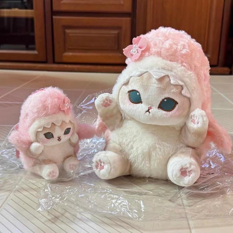 Söt körsbärsblommig rosa Mofusand katt gosedjursnyckelring kawaii dragbar stekt räka vändbar haj-katt Gosedjurs fluffig docka hänge