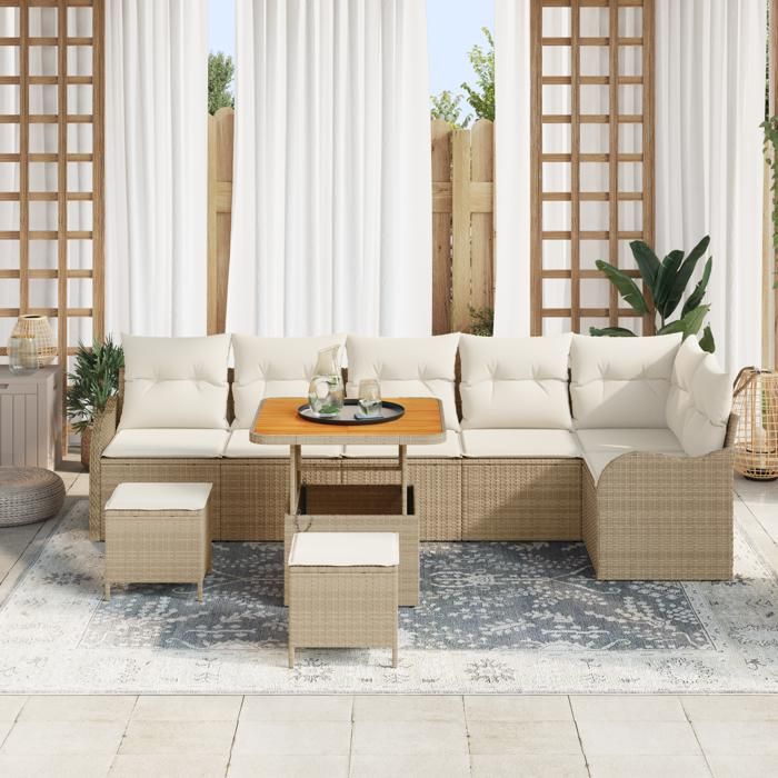 Ensemble de Canapés de Jardin de 9 Pièces avec Coussins Beige Rattan Acacia, Canapé de Jardin 2 Places avec Coussins Beige 3362281