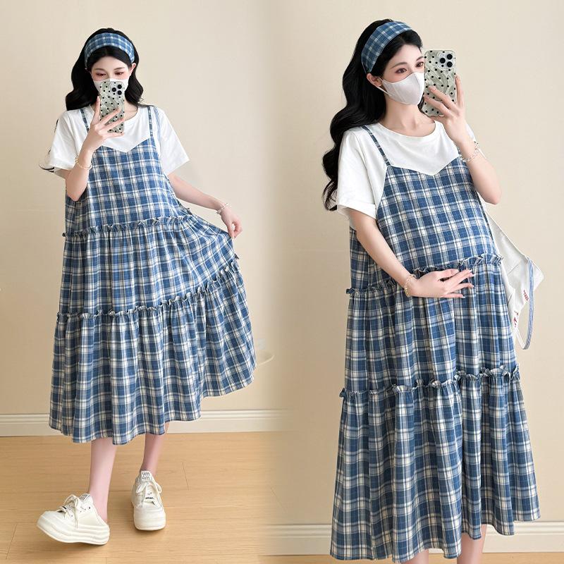 2026 Summer Korean Style Maternity T-shirt Dress with Plaid Patchwork - Fake Two-piece Set