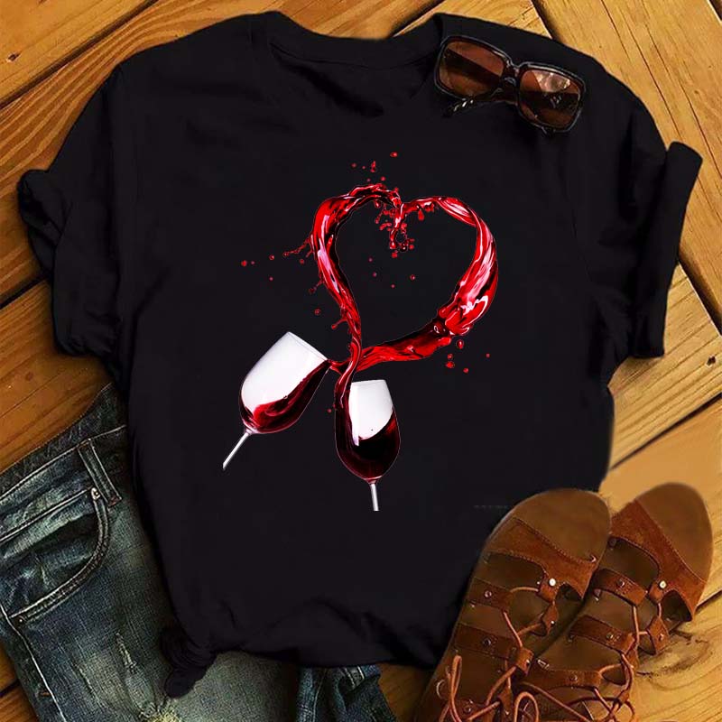 New Women T-Shirt Casual Short Sleeve T Shirt Women's Fashion Rose Red Wine Glass Printed Black T-Shirt Female Tops Tees