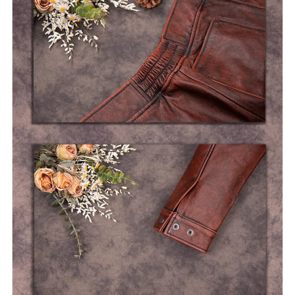 Chinese Size Brown Real Cowhide Hunting Leather Jacket Men Genuine Leather Coat Winter Pockets Jackets