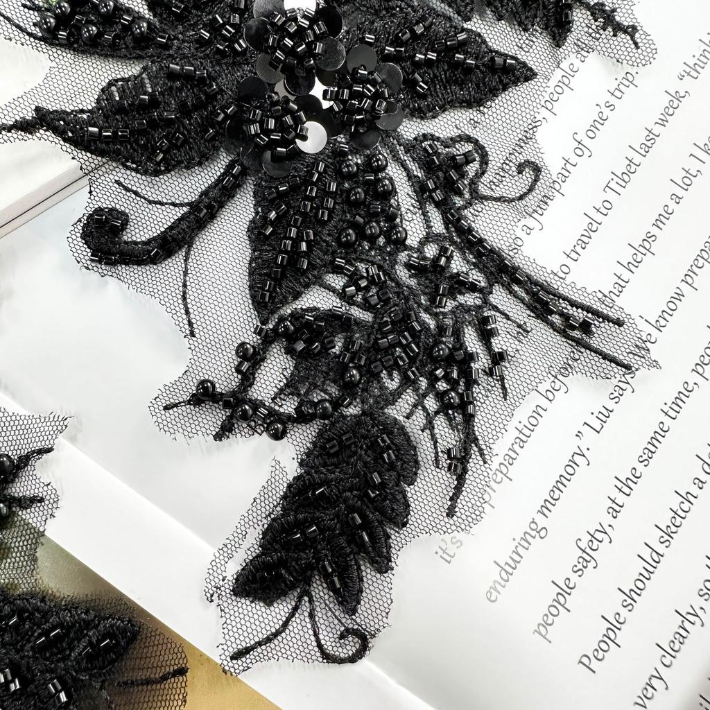 Black Mesh Embroidery Flower Bead Sequin Flower Clothing Dress Wedding Bag Decoration Flower Cloth Sticker Accessories