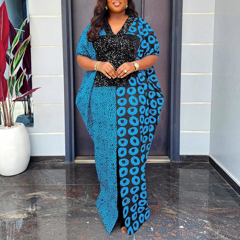 Oversized Women V Neck Half Sleeve Geometric Print Stitching Casual LooseDress