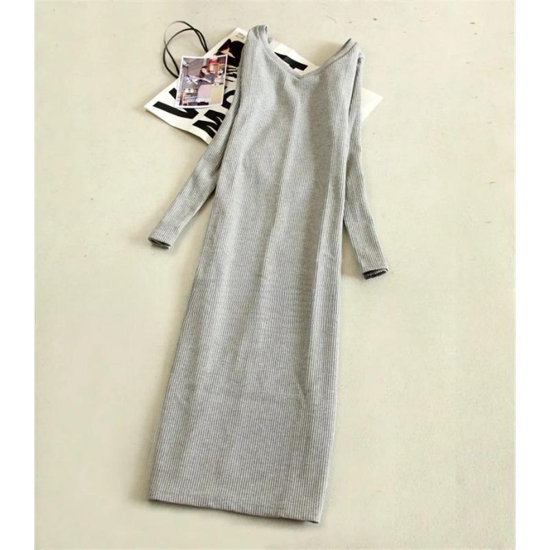 Women's Stretchy Knitting Sweater Dress Autumn Winter V-neck Ruched Long Sleeve Skinny Split Pencil Dress Red Navy Blue Gray