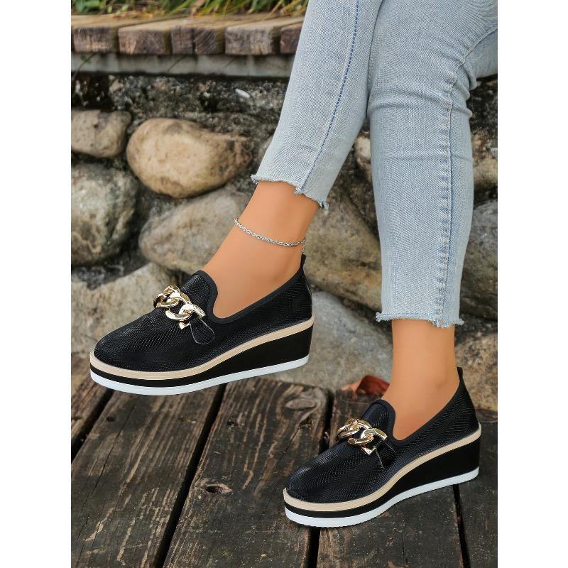 Women's Wedge Slip-On Loafers With Chain Detail, Comfortable Work Shoes, Available In Large Sizes.