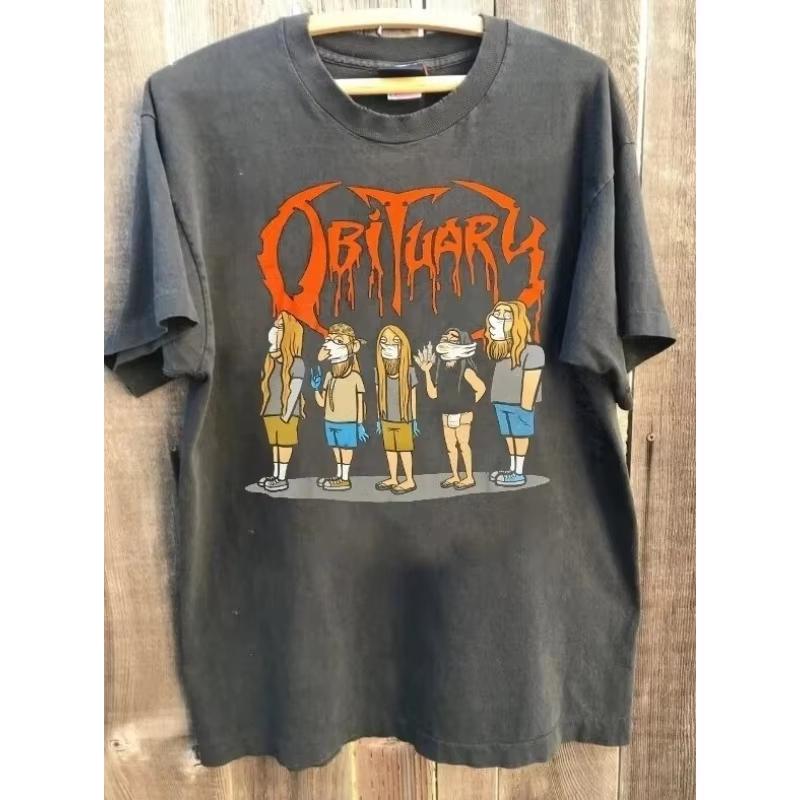 Charcoal Gray Shirt For Unisex And Unisex Harajuku Unisexs Tshirt Retro Obituary Rock Pattern Short Sleeved Shirt