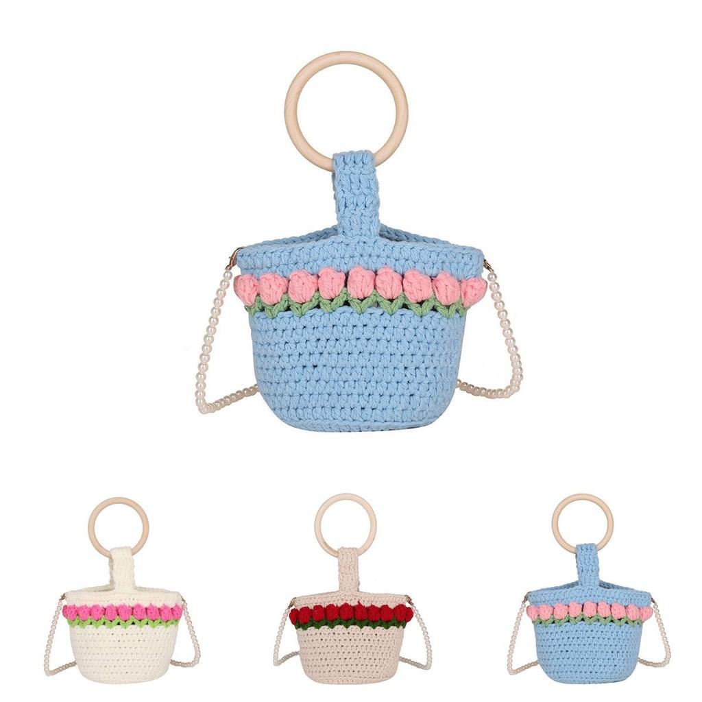 Handcrafted Knit Flower Small Pearl Handbag With Zipper Closure For Daily Use