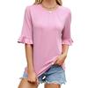 Spring Summer New Solid Color Pinstripe Crew Neck Puff Sleeve Elbow-Length T-shirt Top for Leisure Europe USA Leisure Foreign Trade