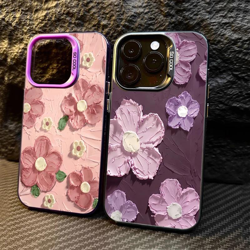Luxury Oil Painting Flower Electroplate Silver IMD Case For iPhone14 15 11 12 13 Pro Max 7 8 Plus X XR Shockproof Hard Cover