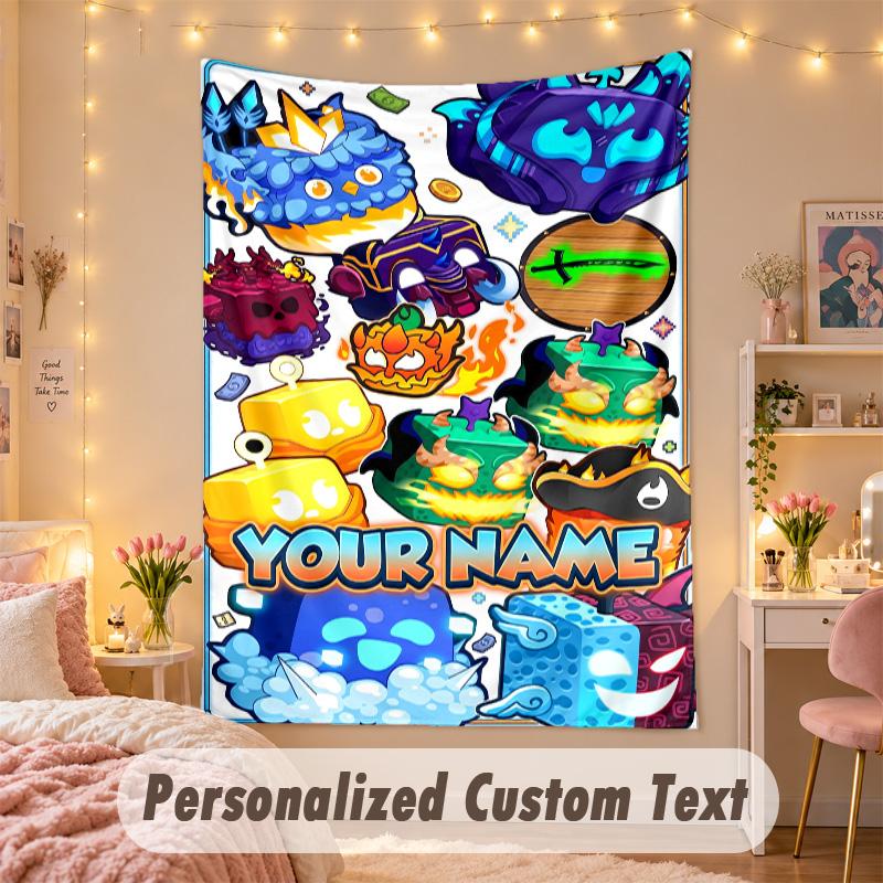 Benutzerdefinierte Personalisierte Wandteppich, Blox Fruits Druck Benutzerdefinierter Text mit Namen Wandkunst zum Aufhängen für Schlafzimmer
