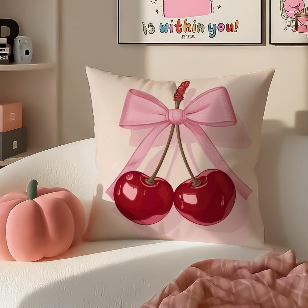 Sweet Girly Floral Art Pink Bow Cherry Pattern Cushion Cover Pillowcase Short Plush Invisible zipper Room Sofa Cushion Cover