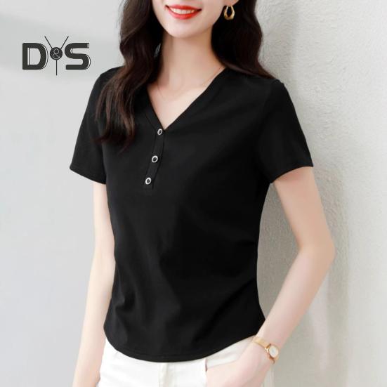 Damen T-Shirt mit V-Ausschnitt und Knöpfen, kurzärmelig, schmale Passform, weich, elastisch, Pullover, Oberteile für den Pendlerstil