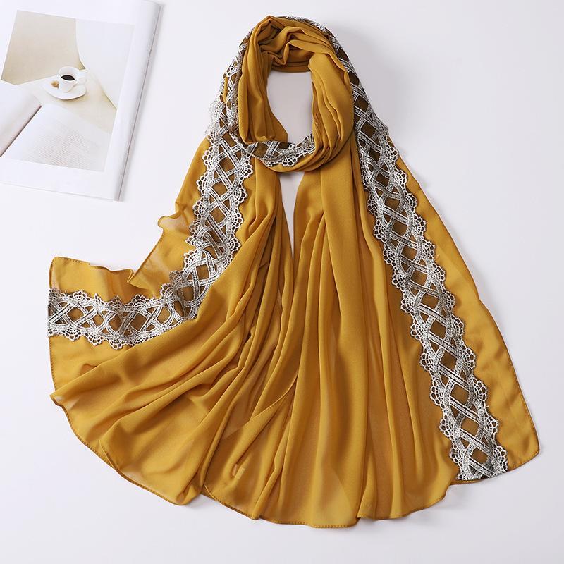Muslim Women Chiffon Scarves with Lace Side Embroidered Chiffon Hijabs Lace Plain Hijab Patches Decoration