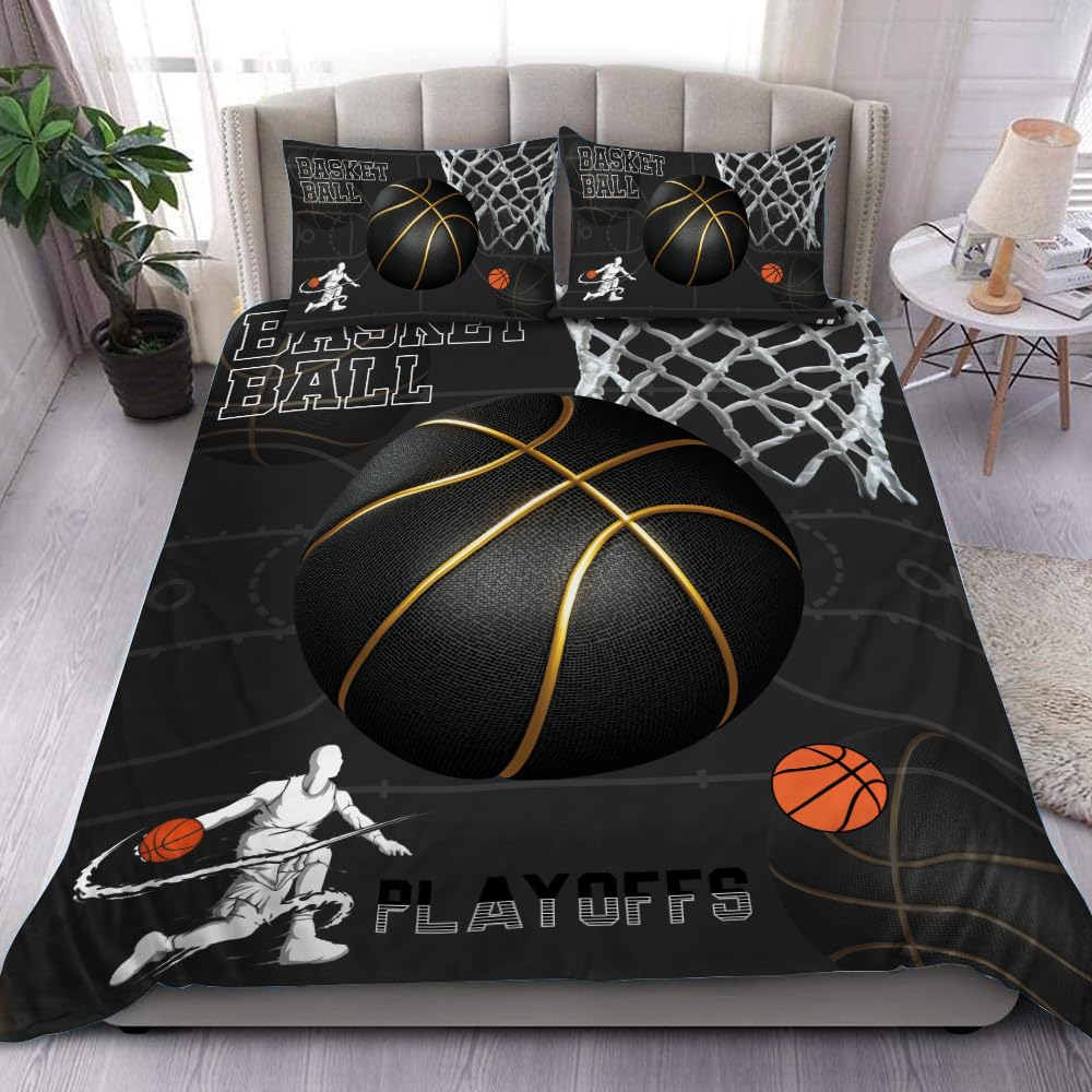 Basketplan Print Sängkläder Set Enkelstorlek, Bollsporter Spel Tematiserat Påslakan, Pojkar Spelrum Inredning Täckeöverdrag