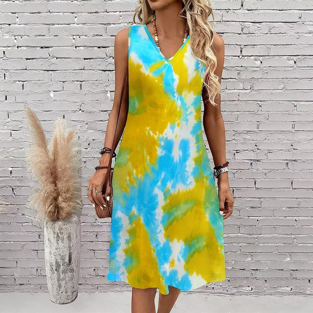 Plus Size V Neck Sleeveless Dress Misty Mountain Stream Art Print For Scenic Area Travel