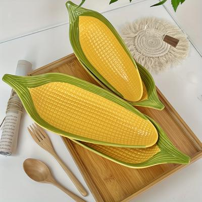 2pcs Creative Corn-Shaped Ceramic Serving Trays , Ideal for Bread, Desserts, Snacks , Sushi , 24.89cm/29.46cm , Food-Safe