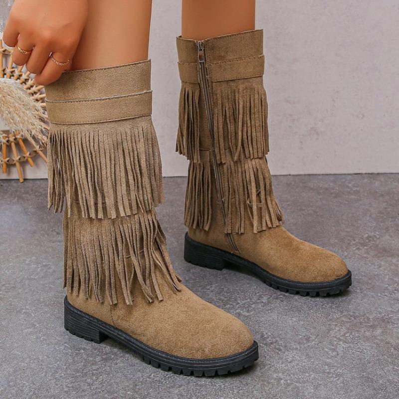 Autumn new multi-layer fringed boots low heel casual boots high boots-4 large size boots