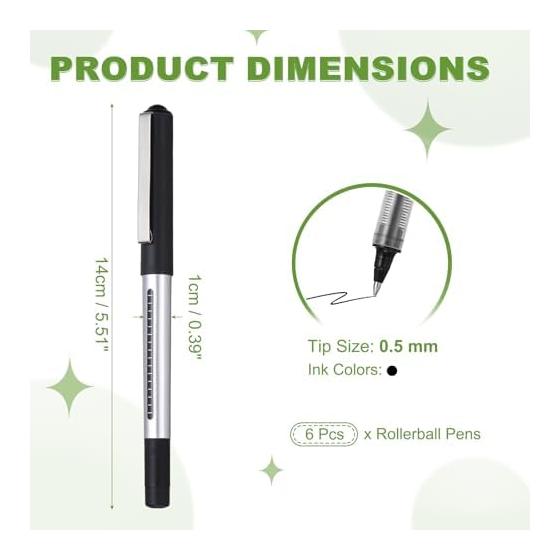 PATIKIL 6 Pcs Liquid Ink Rollerball Pens, 0.5mm Medium Point, Smooth Writing, Quick Dry Gel Ink, Black Ink, Silver Body, Black Cap