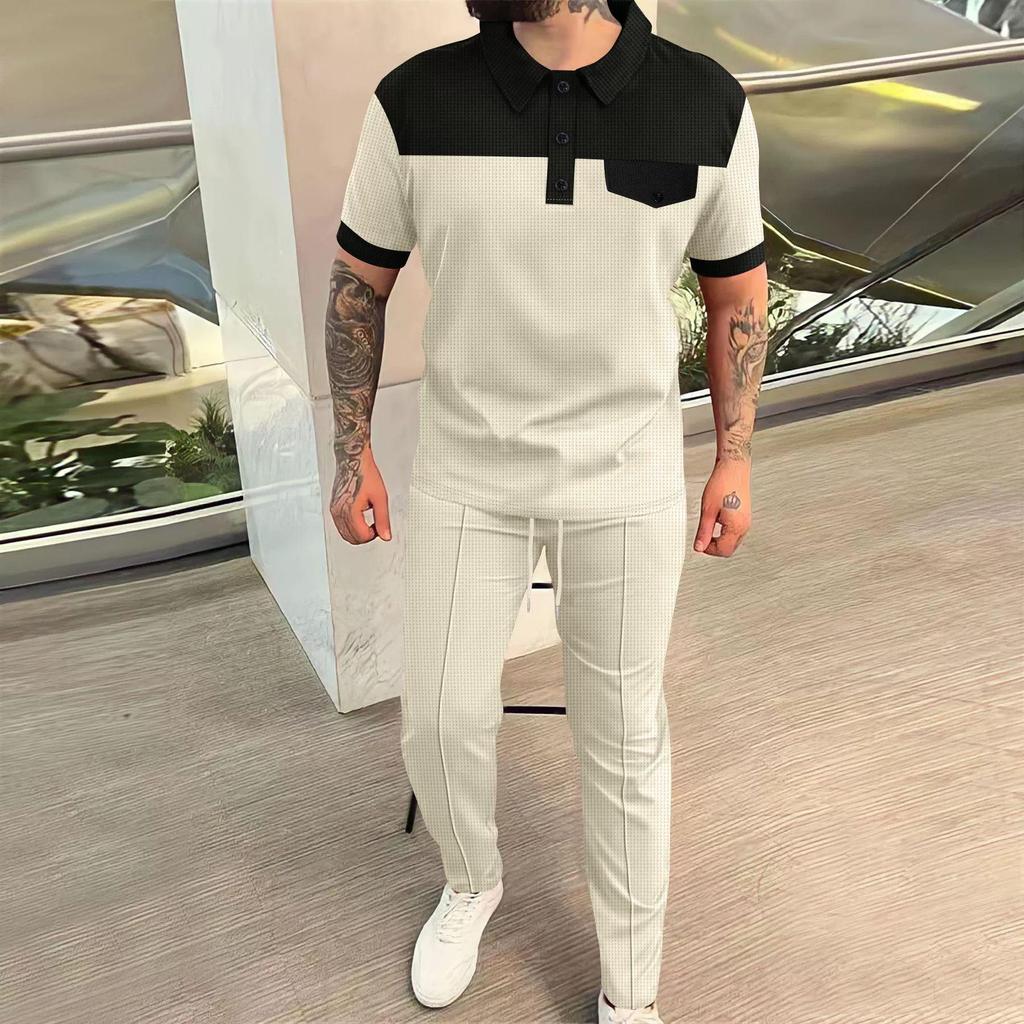 2025 Herren Kurzarm Waffelstrick Zweiteiliges Freizeitset mit langen Hosen