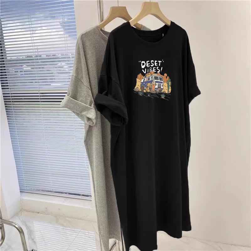 American Cartoon Print Casual Loose T-Shirt Dress, Short Sleeve, Round Neck, Slimming, Versatile for Summer.