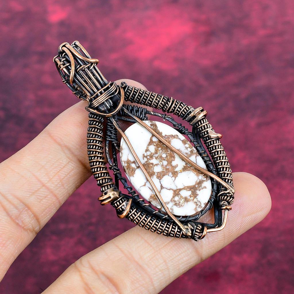 Wild Horse Magnesite Pendant Copper Wire Wrapped Rainbow Moonstone Jewelry Handmade Gemstone Pendant