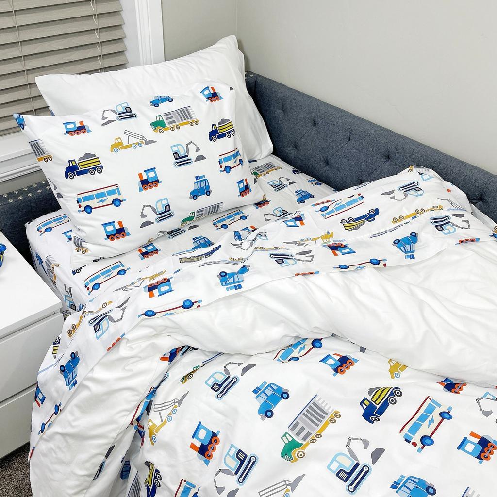 Busy Cars 100% Cotton Duvet Cover Set: Boys Vehicle Bedding, Soft Touch Twin size to Queen size