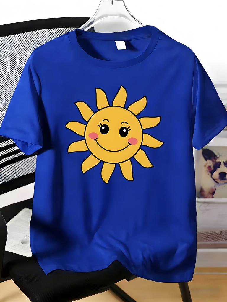 Unisexs Tee Cute Blush Smiling Cartoon Sun Face Print Cotton Short Sleeve Male Casual Streetwear Outdoor Daily Basic Fashion Top