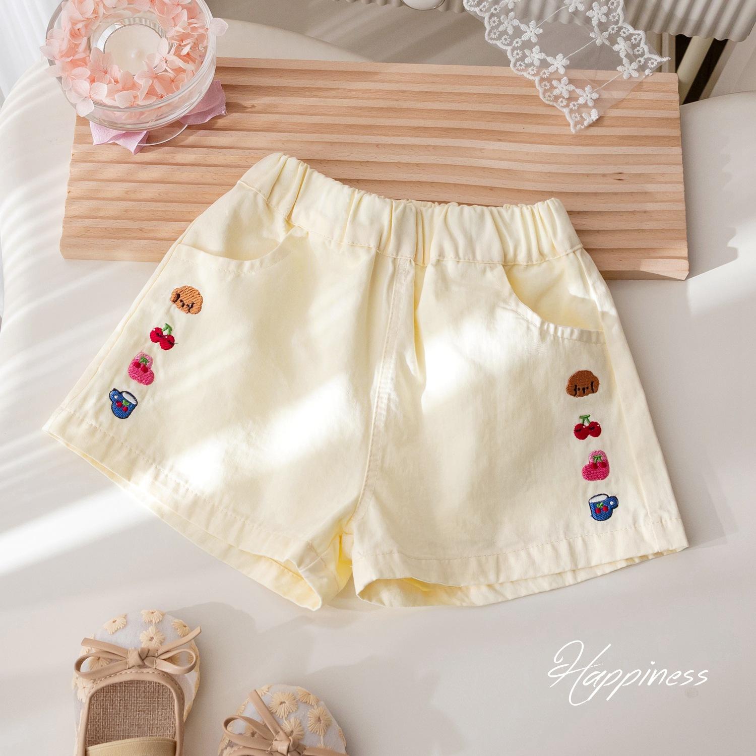 

Летние повседневные брюки для девочек, корейские мультяшные шорты с вышивкой, милые шорты для девочек, летние брюки 130 бежевый