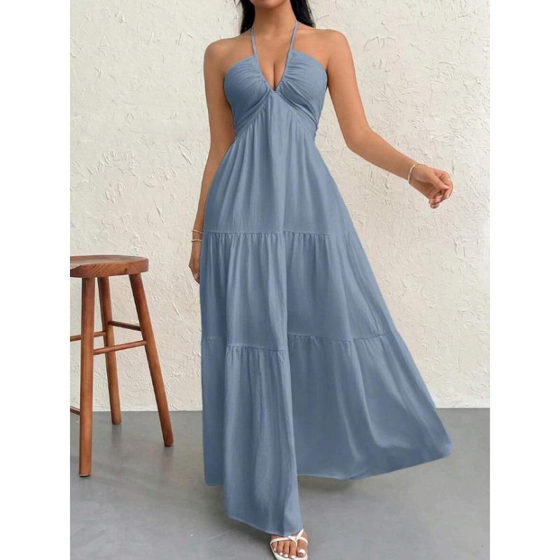 white halter v neck tiered maxi dress for women beach party and casual wear