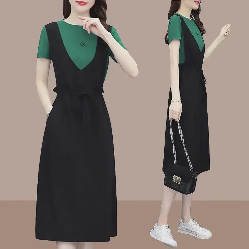 European Summer 2022 Slimming Casual Two-Piece Look Suspender Dress - Women's Fashion