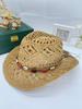 Womens Straw Western Hat With Beaded Band, Bohemian Beach Sun Hat For Summer Vacation