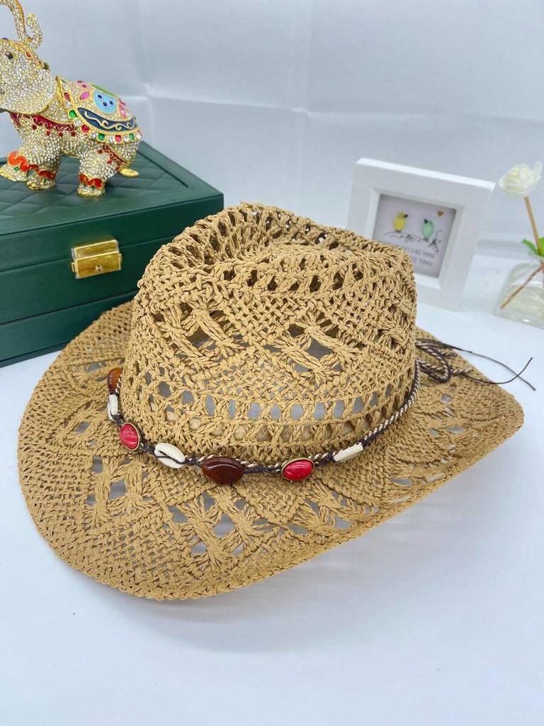 Womens Straw Western Hat With Beaded Band, Bohemian Beach Sun Hat For Summer Vacation
