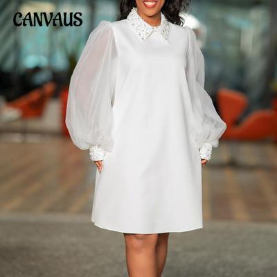 Spring and Autumn Women's Dress Fashion Mesh Sleeve Beading Temperament Large Size Dresses