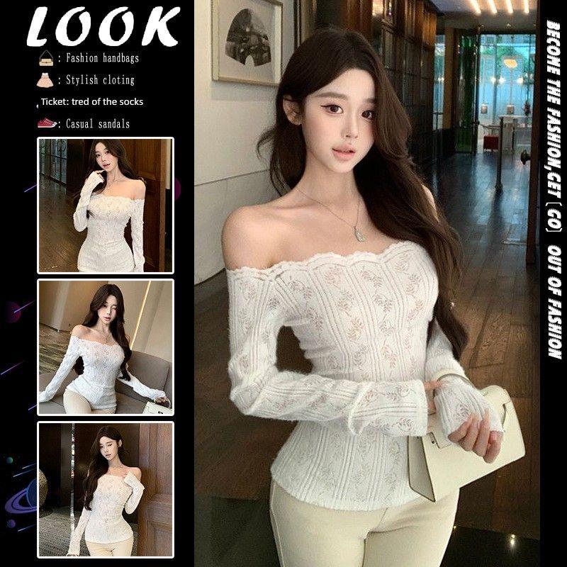 

One-Shoulder White Long-Sleeve Lace Top for Women, Autumn and Winter Slim-Fit Waist-Cinching Design, Pure Desire Style Base Layer Top Beige S [Excellent Quality]