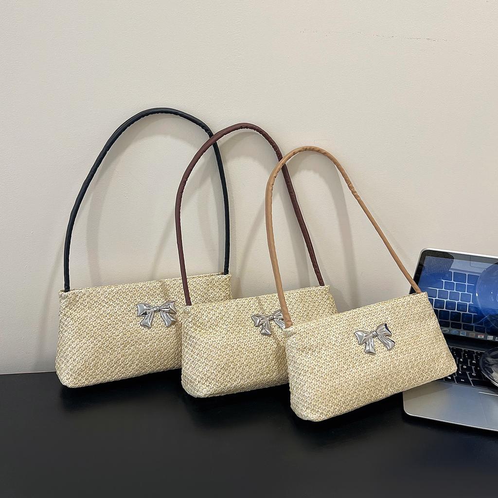 Large Capacity New Casual Temperament Underarm Simple Fashion Solid Color Bow Summer 2025 Straw Woven Shoulder Bag Bag