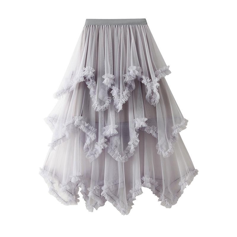 Women's Japanese Style Ruffle Mesh Midi Skirt - Fluffy Fairy Gauze with Wide Hem