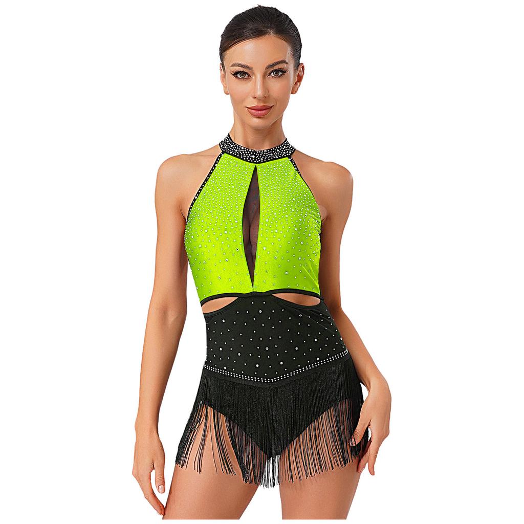 Womens Latin Jazz Dance Leotard Allover Rhinestones Tassel Skirt Backless Contrast Color Bodysuit