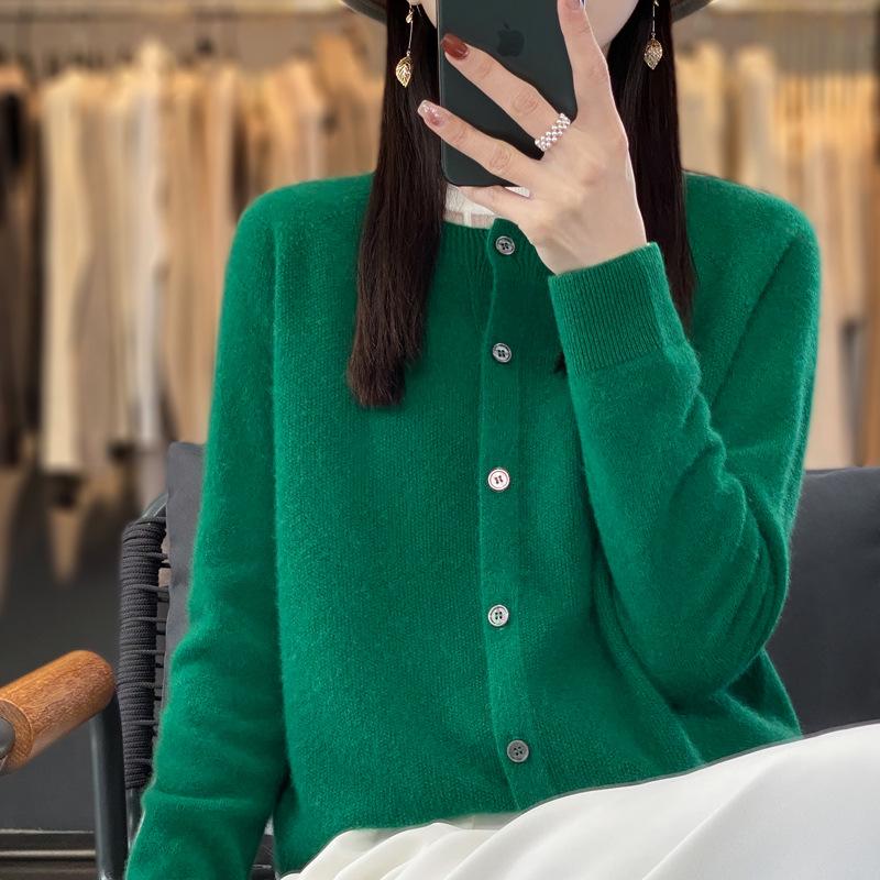 

Жіночий вовняний кардиган преміум-класу - Круглий виріз, Довгий рукав, Універсальний в язаний светр, Готовий до носіння осінньо-зимовий верхній одяг XL (125-135 jin)