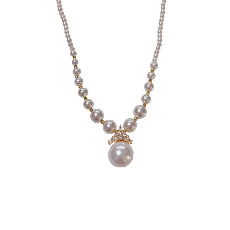 French Zircon Crown Glass Bead Necklace Fashionable Niche Design High-end Light Luxury Temperament Retro Sweater Chain