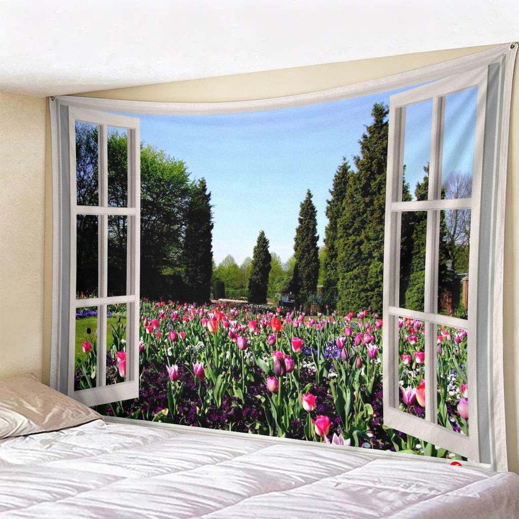 Window View Tapestry Wall Hanging, Scenic Nature Landscape Backdrop, Artificial Window Wall Decor for Bedroom Living Room