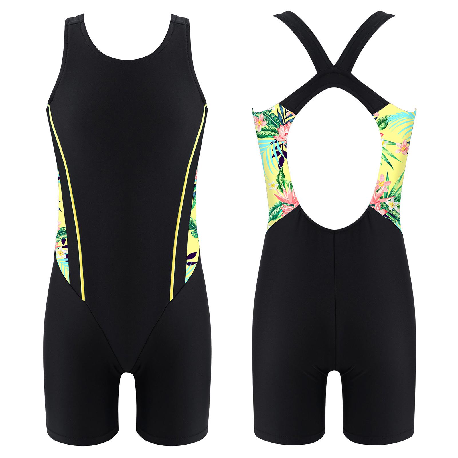 RUNQHUI Zwempak met open rug voor meisjes Sporttraining Competitie Zwempak voor kinderen 13-14 Years geel/zwart
