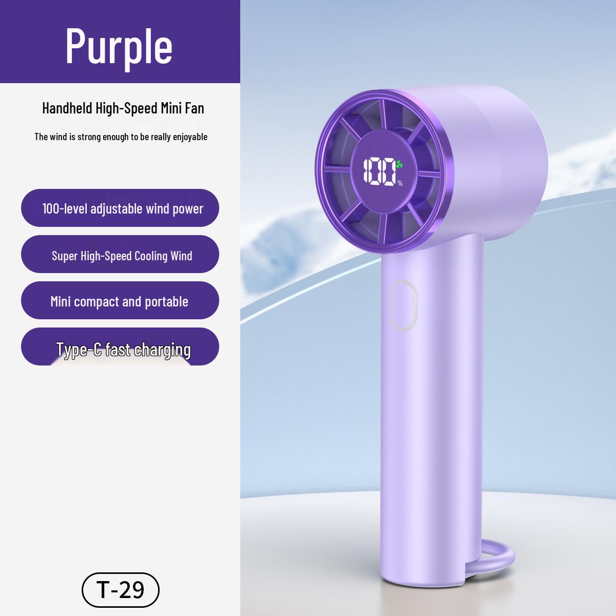 

USB Rechargeable Digital Display Turbo Fan T29: High-Speed 100-Setting Handheld Mini Fan 58x56x154 mm
